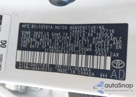 2016 Toyota Corolla Le z USA, uszkodzony, nr VIN 2T1BURHE4GC717535